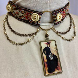 Boho Witchy Bronze & Pearl Medallion Choker Necklace